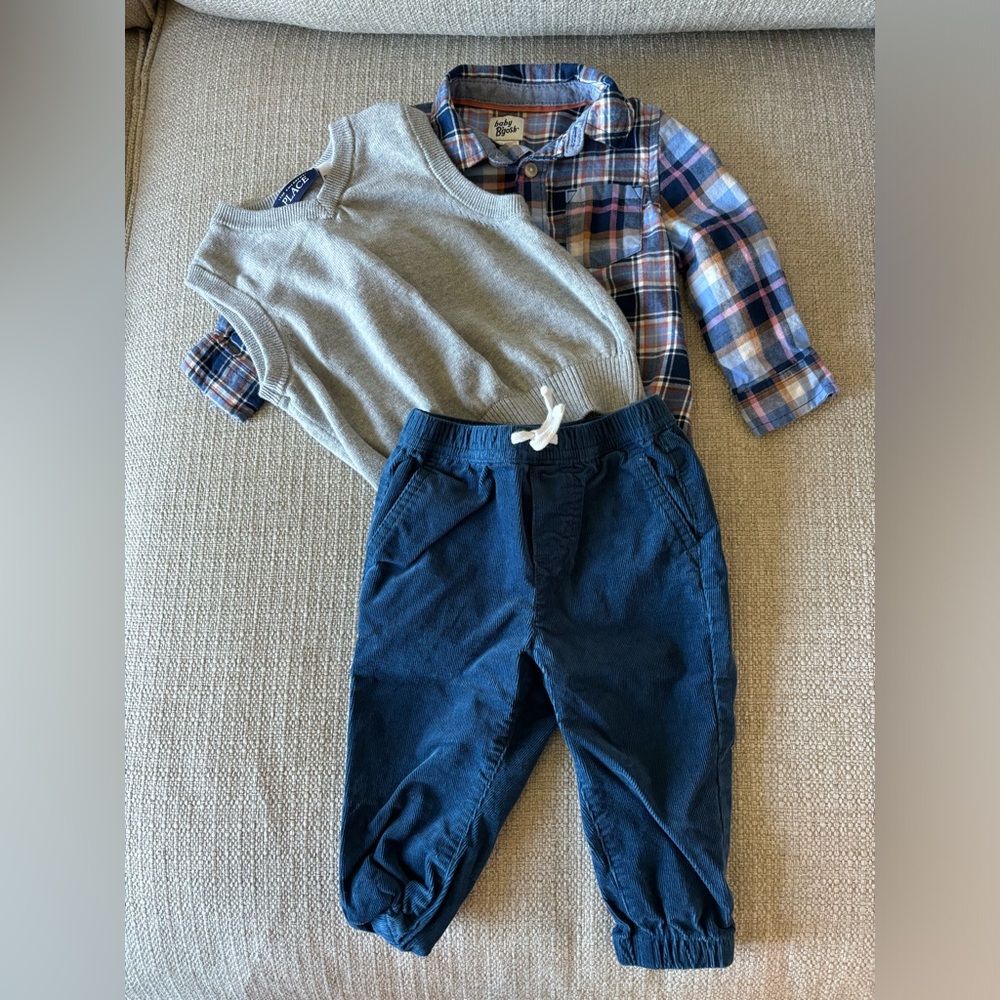 Sweat vest, collard shirt onesie, blue Janie and jack pants 18-24mon
